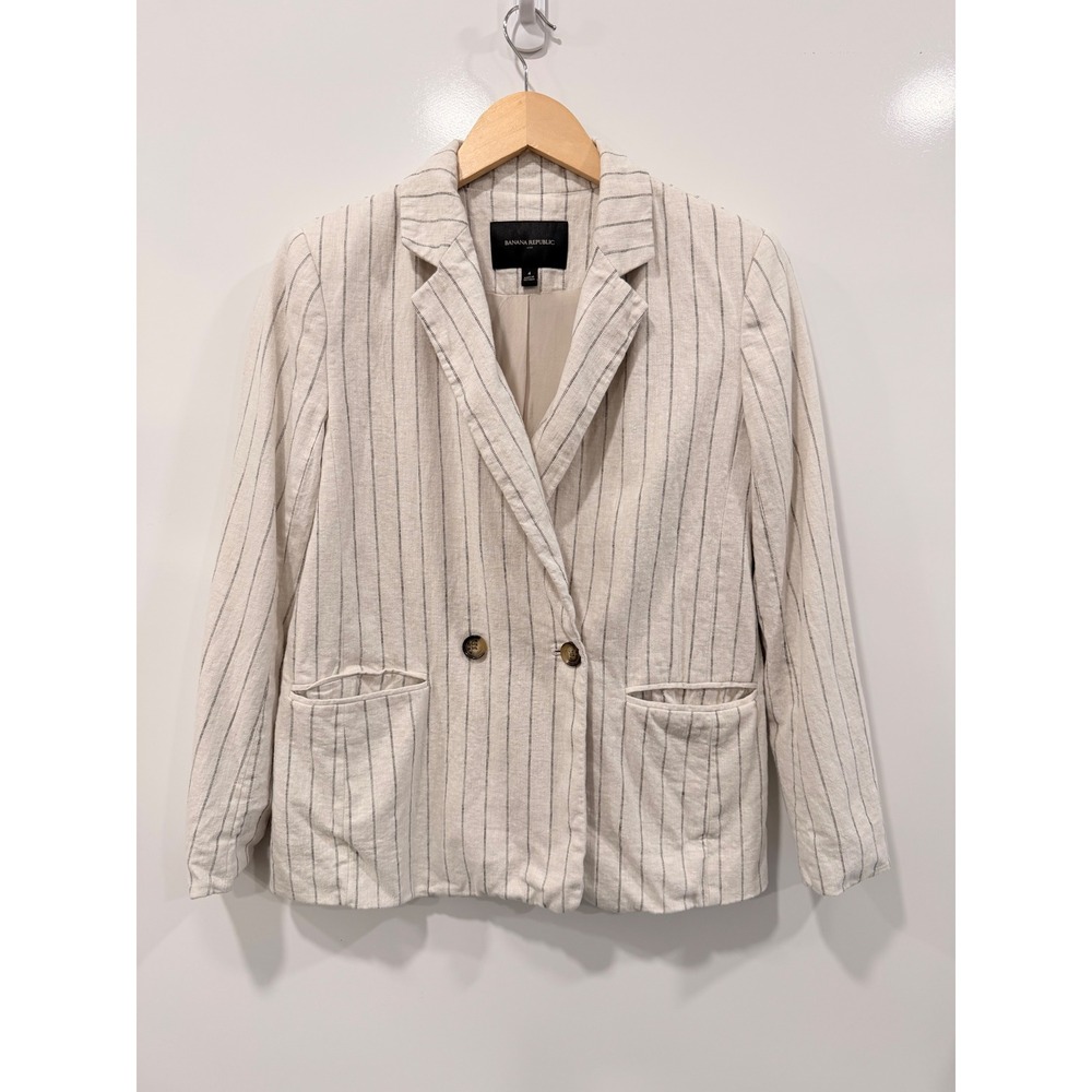 Banana Republic Pinstripe Linen Blend Double Breasted Blazer Cream Beige 4 - Picture 3 of 12